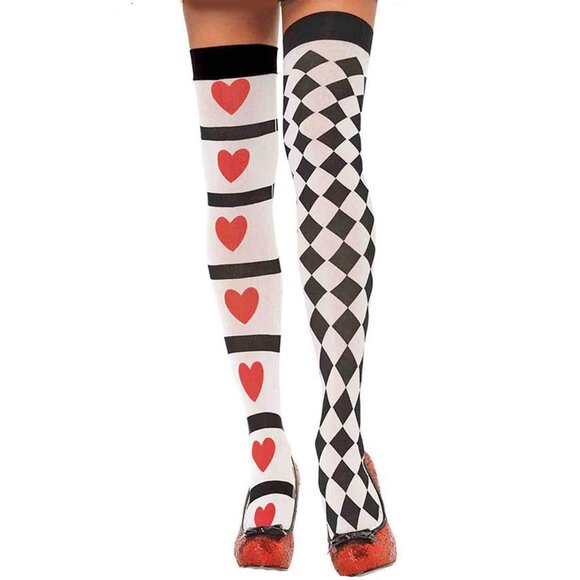Queen of Heart and Harlequin Print Stockings 2-Pack Women OS Costume Thigh Highs - Picture 3 of 7